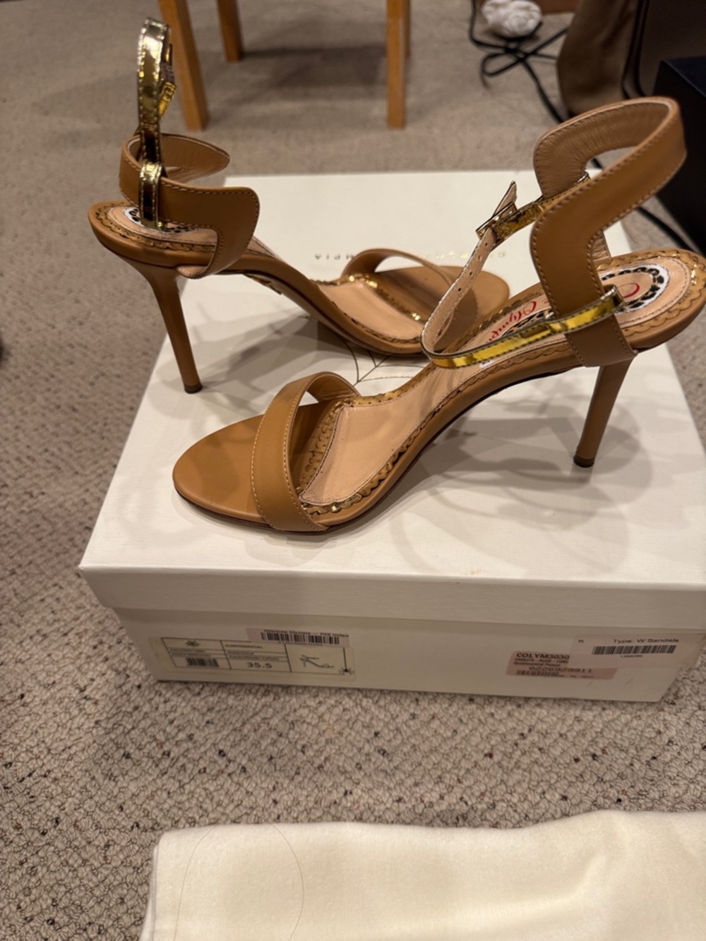 Charlotte Olympia Tan Leather Ankle-Strap Heels with Gold Accents
